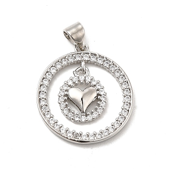 Brass Micro Pave Cubic Zirconia Pendants, Round Ring & Heart Charm, Platinum, Clear, 22.5x20.5x1.5mm, Hole: 4x3.5mm