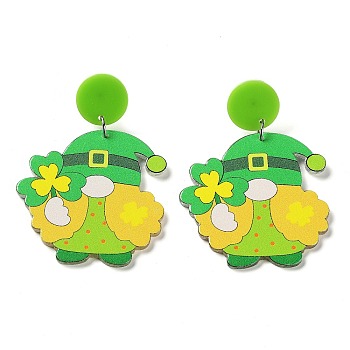 Saint Patrick's Day Sparkling Acrylic Dangle Stud Earrings, Gnome, Lime Green, 62.5x43.5mm