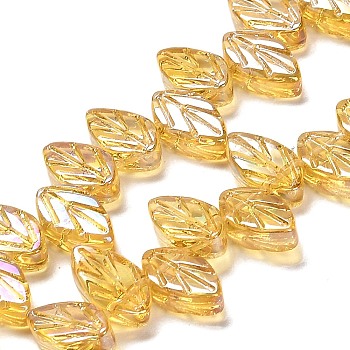 Electroplate Glass Beads Strands, Leaf, Gold, 11x7x4mm, Hole: 0.8mm, about 78~80pcs/strand, 18.66~18.74''(47.4~47.6cm)