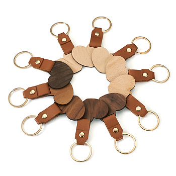 10Pcs 2 Style Wooden & Imitation Leather Pendant Keychain, with Alloy Key Ring, Heart, Mixed Color, 10cm, 5pcs/style