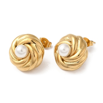 Plastic Pearl Beaded Flower Stud Earrings, Ion Plating(IP) 304 Stainless Steel Jewelry, Real 18K Gold Plated, 16x16mm