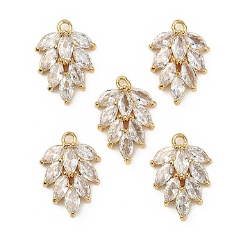 Brass Micro Pave Cubic Zirconia Pendants, Nickel Free, Leaf, Clear, Real 18K Gold Plated, 15.5x11.5x4mm, Hole: 1.2mm