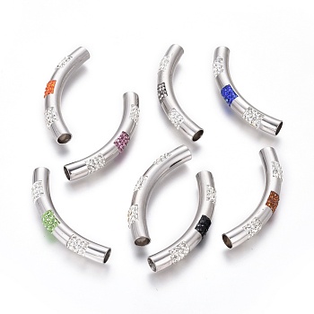 304 Stainless Steel Polymer Clay Rhinestone Curved Tube Links connectors, Two Half Drilled Holes, Stainless Steel Color, Mixed Color, 51.5x15x7.5mm, Hole: 5.5mm