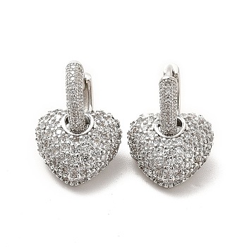 Clear Cubic Zirconia Heart Dangle Hoop Earrings, Brass Jewelry for Women, Platinum, 22mm, Pin: 1mm
