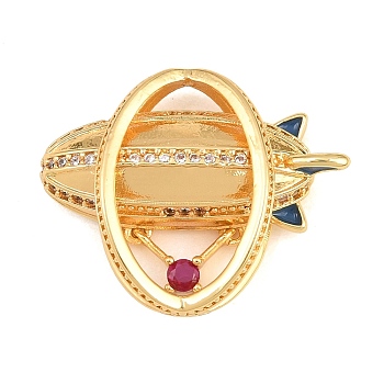 Brass Micro Pave Cubic Zirconia Pendants, with Enamel, Airship Shape Charms, Cadmium Free & Lead Free, Rack Plating, Long-Lasting Plated, Real 18K Gold Plated, Camellia, 23x28.5x8.5mm, Hole: 2x3mm