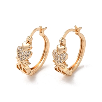 Brass Cubic Zirconia Hoop Earrings for Women, Heart, Light Gold, 22x19x8mm