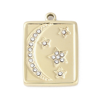 304 Stainless Steel Pendants, with Rhinestone, Rectangle with Moon & Star Charm, Real 14K Gold Plated, 21.5x15.5x2mm, Hole: 1.6mm