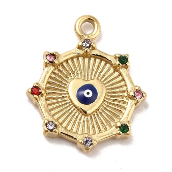 Ion Plating(IP)304 Stainless Steel Pendant, with Colorful Rhinestone and Enamel, Sun with Heart Evil Eye, Golden, 19.5x16x2.5mm, Hole: 1.6mm