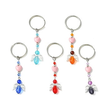 Glass & Acrylic Pendant Keychain, with Iron Split Key Rings, Heart & Angel, Mixed Color, 8.1~8.2cm