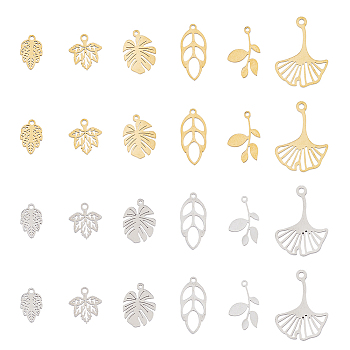 24Pcs 12 Styles 304 Stainless Steel Pendants, Leaf Charm, Mixed Color, 12~25x7.5~18x1mm, Hole: 1~1.8mm, 2pcs/style
