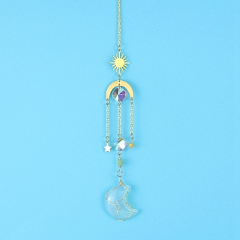 Opalite Moon Sun Catcher Hanging Ornaments, with Brass Star & Sun, for Home, Garden Decoration, 400mm