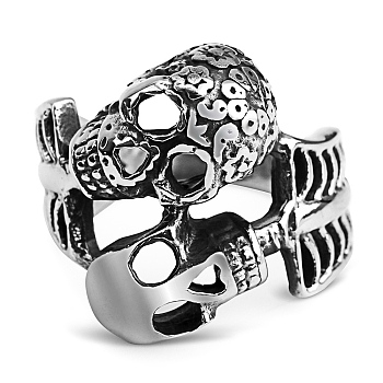 Steam Punk Style 316L Surgical Stainless Steel Skull Finger Rings, Double Skeleton Rings for Men, Stainless Steel Color, US Size 10(19.8mm)