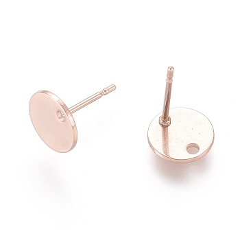 304 Stainless Steel Stud Earring Findings, with Flat Plate, Flat Round, Rose Gold, 8x0.8mm, Hole: 1.2mm, Pin: 0.8mm
