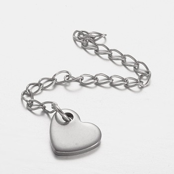 304 Stainless Steel Chain Extender, with Heart Pendants, Stainless Steel Color, 60mm