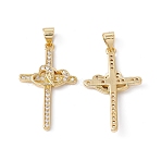Rack Plating Brass Micro Pave Cubic Zirconia Pendants,  Cadmium Free & Nickel Free & Lead Free, Real 18K Gold Plated, Cross with Heart, Clear, 28.5x17x2mm, Hole: 5x3.5mm(X-ZIRC-C040-45G-02)