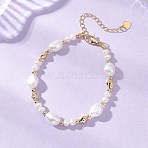 Natural Cultured Freshwater Pearl & Brass Beaded Bracelets for Women, Potato & Nuggets, Real 18K Gold Plated, 7.32 inch(18.6cm)(BJEW-JB13366)