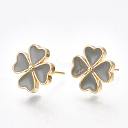 Brass Stud Earring Findings, with Enamel and Loop, Flower, Gray, Nickel Free, Real 18K Gold Plated, 12x12mm, Hole: 1~1.8mm, Pin: 0.8mm(KK-S350-346)