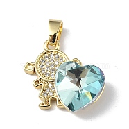 Real 18K Gold Plated Rack Plating Brass Micro Pave Clear Cubic Zirconia Pendants, with Glass, Long-Lasting Plated, Cadmium Free & Lead Free, Girl with Heart Charm, Pale Turquoise, 20.8x17x8mm, Hole: 6x3mm(KK-C015-23G-07)