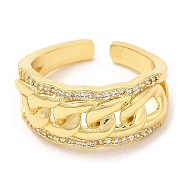 Rack Plating Brass Curb Chains Shape Open Cuff Ring with Cubic Zirconia, Real 16K Gold Plated, US Size 7 1/4(17.5mm)(RJEW-R138-01G)
