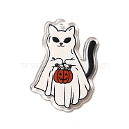 Printed Acrylic Pendants, Cat with Pumpkin Charm, White, 43x28x2.2mm, Hole: 1.8mm(SACR-F005-02B)