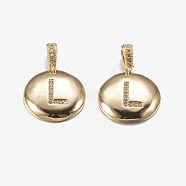 Brass Pendants, with Cubic Zirconia, Cadmium Free & Lead Free, Flat Round with Letter, Golden, Letter.L, 22mm, Hole: 2x3mm, Pendant: 15x3mm(KK-K194-L-G-RS)