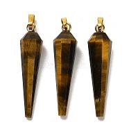 Natural Tiger Eye Pointed Pendants, Faceted Cone Charms with Golden Plated Barss Snap on Bails, 35~35.5x8~8.5mm, Hole: 6.5x4mm(G-D089-01G-03)
