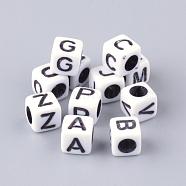 Opaque Horizontal Hole Acrylic Beads, Mixed Letters, Cube, Letter, 6x6x6mm, Hole: 3mm, about 3000pcs/500g(SACR-Q188-02)