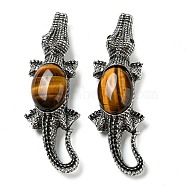 Dual-use Items Alloy Crocodile Brooch, with Natural Tiger Eye, Antique Silver, 67.5x24x10mm, hole: 4x3.5mm(JEWB-C026-01E-AS)