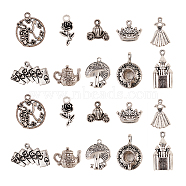 100Pcs 10 Styles Fairy Tales Theme Tibetan Style Alloy Pendants, Rabbit with Clock & Teapot & Mushroom & Crown & Castle & Pumpkin Carriage, Lead Free and Cadmium Free, Antique Silver, 22.5x19x3mm, Hole: 2mm, 10pcs/style(TIBEP-CJ0001-63)