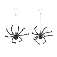 Glass Seed Braided Spider Long Dangle Earrings, 304 Stainless Steel Halloween Jewelry for Women, Black, 86mm, Pin: 0.7mm(EJEW-TA00085)