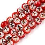 Handmade Millefiori Glass Beads Strands, Round, Red, 7mm, Hole: 1mm, about 58~60pcs/strand, 15.91~16.14 inch(40.4~41cm)(LAMP-N024-29)