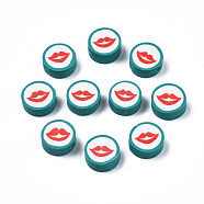Handmade Polymer Clay Beads, Flat Round with Mouth, Dark Cyan, 9.5~10x4~4.5mm, Hole: 1.6mm(CLAY-N011-44A-01)