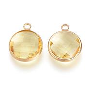 Glass Pendants, with Brass Findings, Faceted, Flat Round, Champagne Yellow, 9.5x6.5x2.5mm, Hole: 2mm(GLAA-S114-C-24)