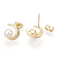 Natural Pearl Stud Earrings with Cubic Zirconia, Brass Moon Earrings with 925 Sterling Silver Pins, Real 18K Gold Plated, 11x11mm, Pin: 0.8mm(PEAR-N020-06D)