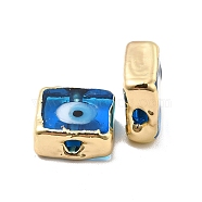 Brass Enamel Beads, Long-Lasting Plated, Real 18K Gold Plated, Square with Evil Eye Pattern, Dodger Blue, 10~11x10~11x4.5~5.5mm, Hole: 1.6~1.8mm(KK-F842-02B)