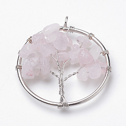 Natural Rose Quartz Pendants, with Iron Findings, Tree of Life, Platinum, 34x30x5~8mm, Hole: 2.5mm(G-S271-21I)