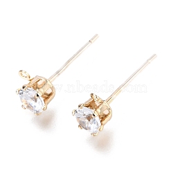 Brass Micro Pave Clear Cubic Zirconia Stud Earring Findings, with 925 Sterling Silver Pins and Loop, Long-Lasting Plated, Real 14K Gold Plated, 7.8x4.5x5.8mm, Hole: 0.8mm, Pin: 0.7mm(ZIRC-H116-06B-G)