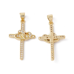 Rack Plating Brass Micro Pave Cubic Zirconia Pendants,  Cadmium Free & Nickel Free & Lead Free, Real 18K Gold Plated, Cross with Heart, Clear, 28.5x17x2mm, Hole: 5x3.5mm(X-ZIRC-C040-45G-02)