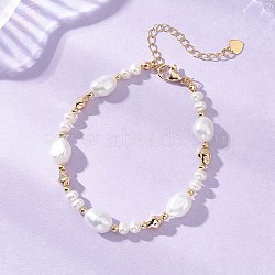 Natural Cultured Freshwater Pearl & Brass Beaded Bracelets for Women, Potato & Nuggets, Real 18K Gold Plated, 7.32 inch(18.6cm)(BJEW-JB13366)