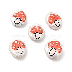 Autumn Theme Natural Culture Freshwater Pearl Beads, with Enamel, Flat Round with Mushroom Pattern, Orange Red, 18~19x15~17x4~6mm, Hole: 1mm(PEAR-E015-04)