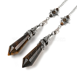 Natural Tiger Eye Cone Dowsing Pendulum Big Pointed Pendants, with Antique Silver Tone Brass Findings, 312mm(AJEW-Z041-01G-AS)