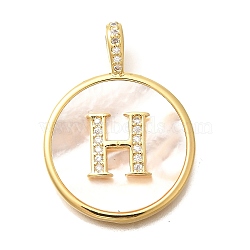 Rack Plating Brass Micro Pave Clear Cubic Zirconia Pendants with Shell, Letter Series Charms, Long-Lasting Plated, Lead Free & Cadmium Free, Letter H, 32x24x3.5mm, Hole: 6x3mm(KK-M309-42G-H)