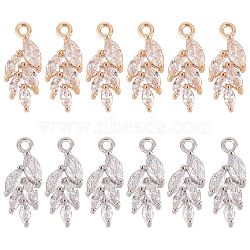 12Pcs 2 Colors Brass Micro Pave Clear Cubic Zirconia Pendants, Leaf Charm, Mixed Color, 17x6x3mm, Hole: 1.2mm, 6pcs/color(KK-BC0013-19)