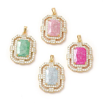 Rack Plating Brass & Crushed Ice Cut Cubic Zirconia Pendants, with Rhinestone, Real 14K Gold Plated, Cadmium Free & Lead Free, Rectangle, Mixed Color, 28x21x7mm, Hole: 5x2.5mm