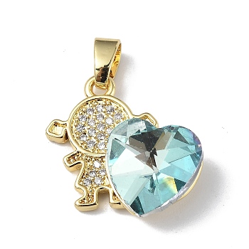 Real 18K Gold Plated Rack Plating Brass Micro Pave Clear Cubic Zirconia Pendants, with Glass, Long-Lasting Plated, Cadmium Free & Lead Free, Girl with Heart Charm, Pale Turquoise, 20.8x17x8mm, Hole: 6x3mm