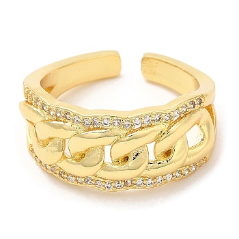 Rack Plating Brass Curb Chains Shape Open Cuff Ring with Cubic Zirconia, Real 16K Gold Plated, US Size 7 1/4(17.5mm)