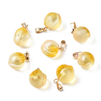 Two Tone Transparent Spray Painted Glass Pendants, with Golden Plated Iron Bails and Gold Foil, Frosted, Peach, Gold, 16~17x11~12x11~12mm, Hole: 6x2mm