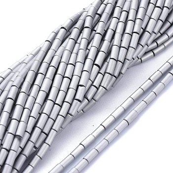 Electroplate Frosted Glass Beads Strands, Full Plated, Column, Platinum Plated, 4.5~5x2.5mm, Hole: 0.8mm, about 75pcs/Strand, 14.17 inch(36cm)