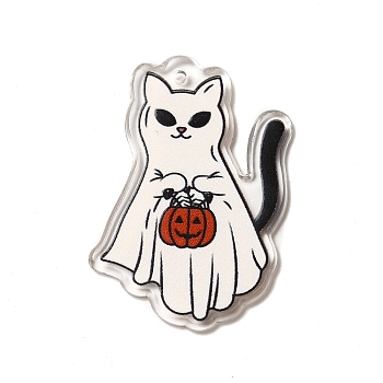 Printed Acrylic Pendants, Cat with Pumpkin Charm, White, 43x28x2.2mm, Hole: 1.8mm