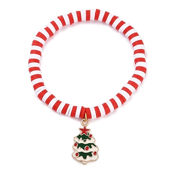 Elegant Christmas Handmade Polymer Clay Heishi Beaded Stretch Bracelets, Enamel Charm Bracelets for Women, Christmas Tree, 6-7/8 inch(17.5cm)